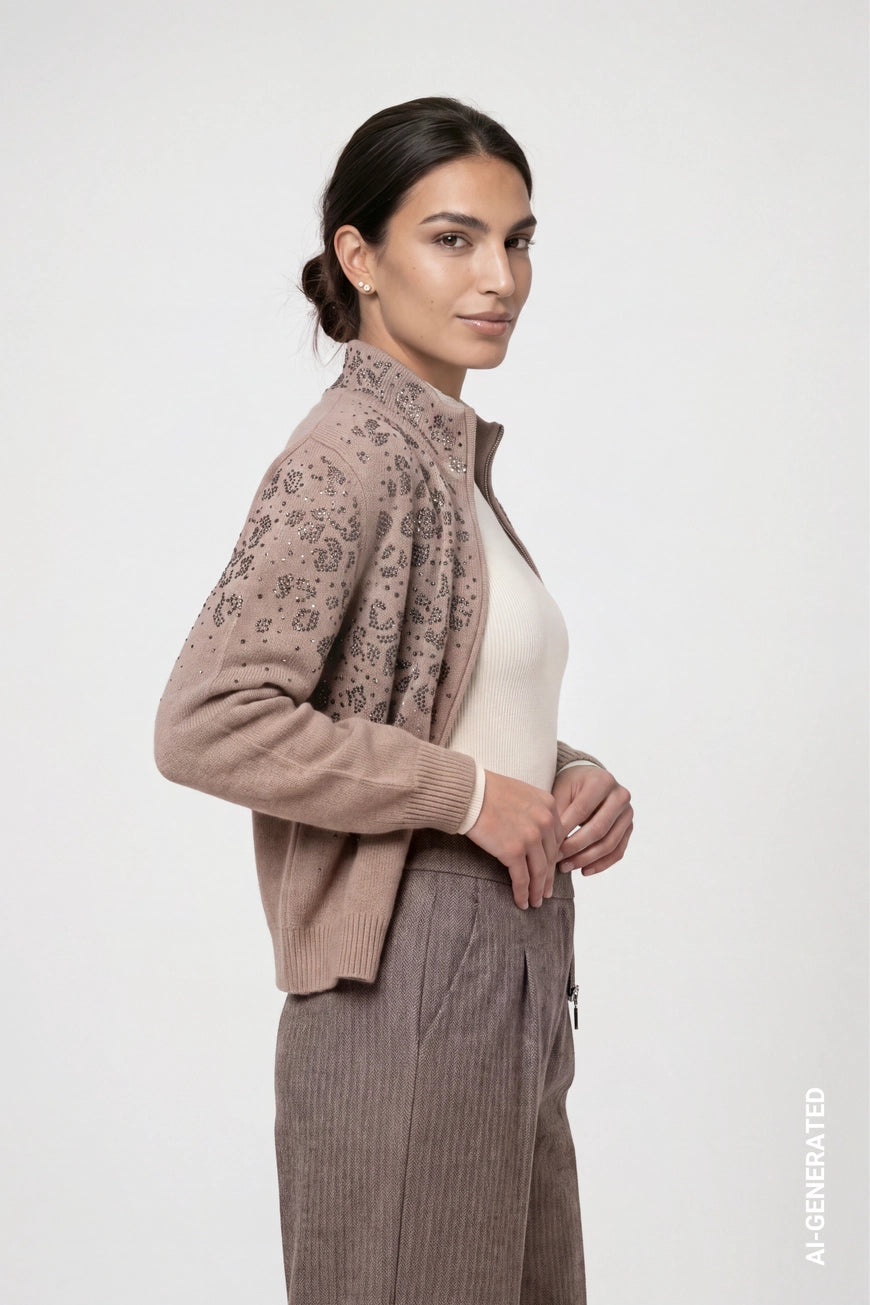 Leopard rhinestones jacket in sesame