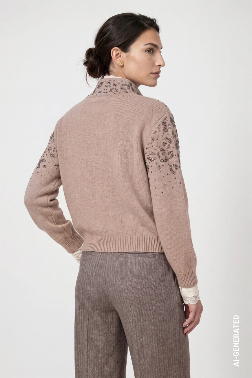 Leopard rhinestones jacket in sesame