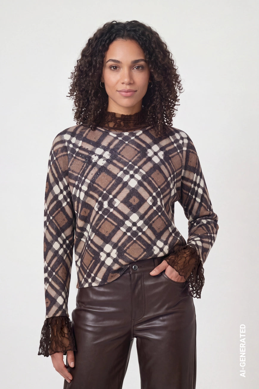 Check pattern pullover in chocolate brown multi