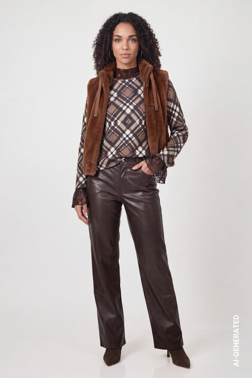 Check pattern pullover in chocolate brown multi