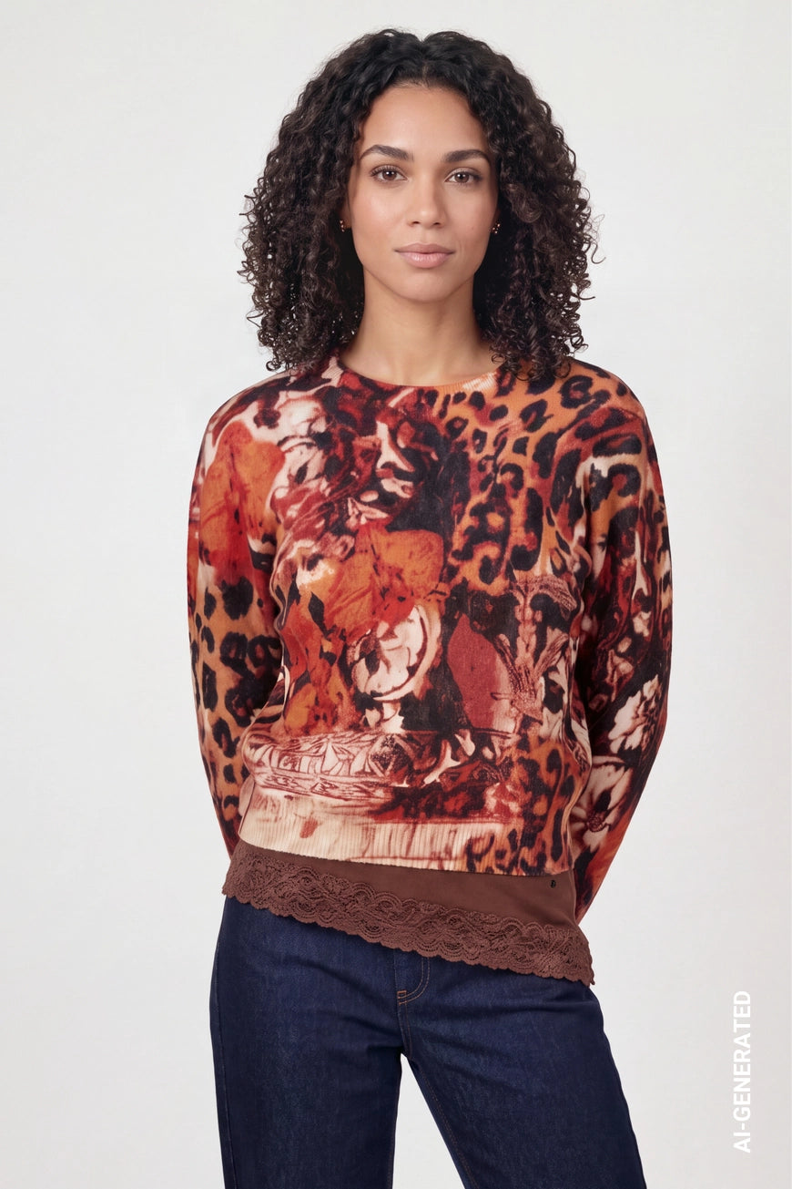 Leopard print pullover in autumn red