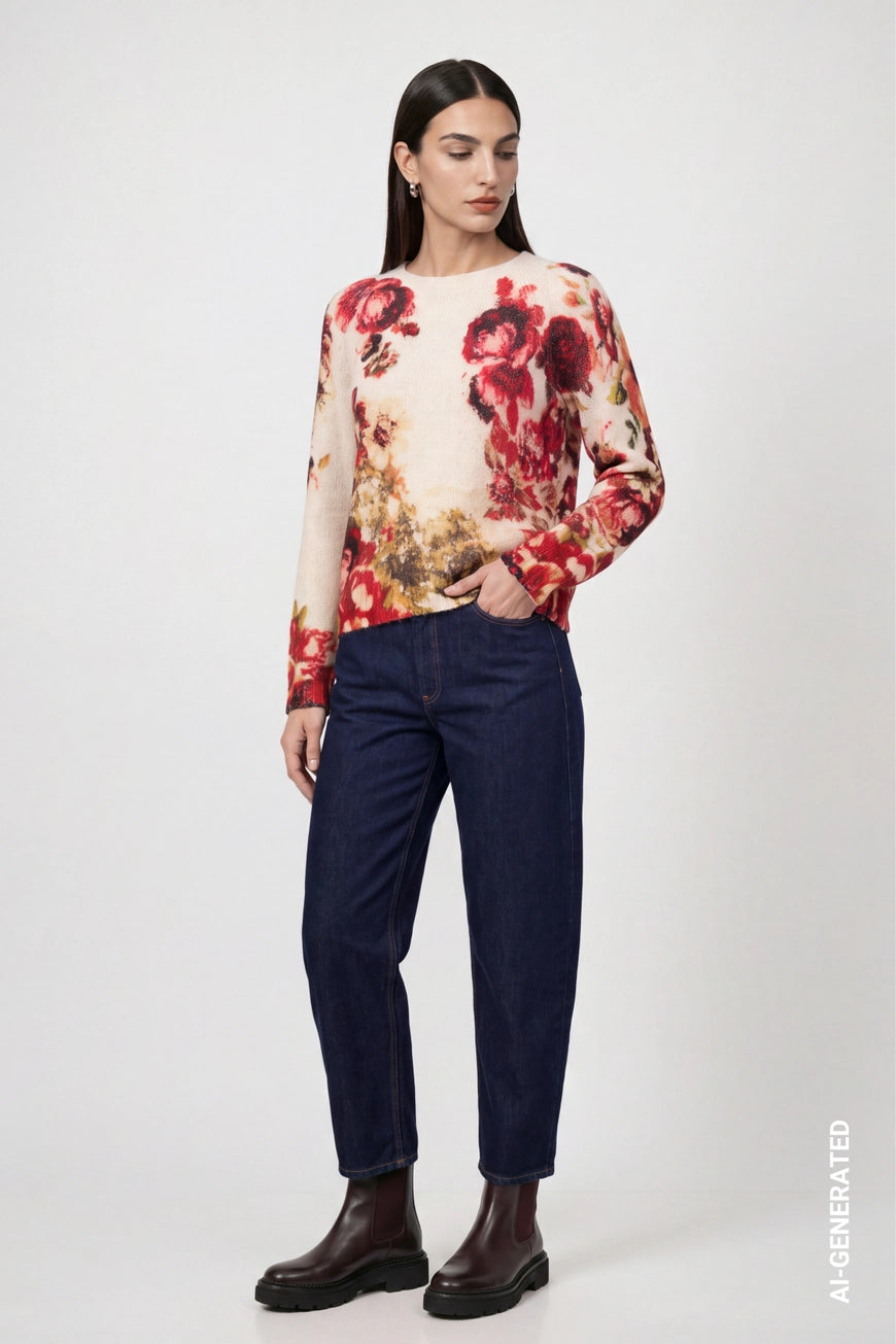 Floral pattern pullover in autumn red