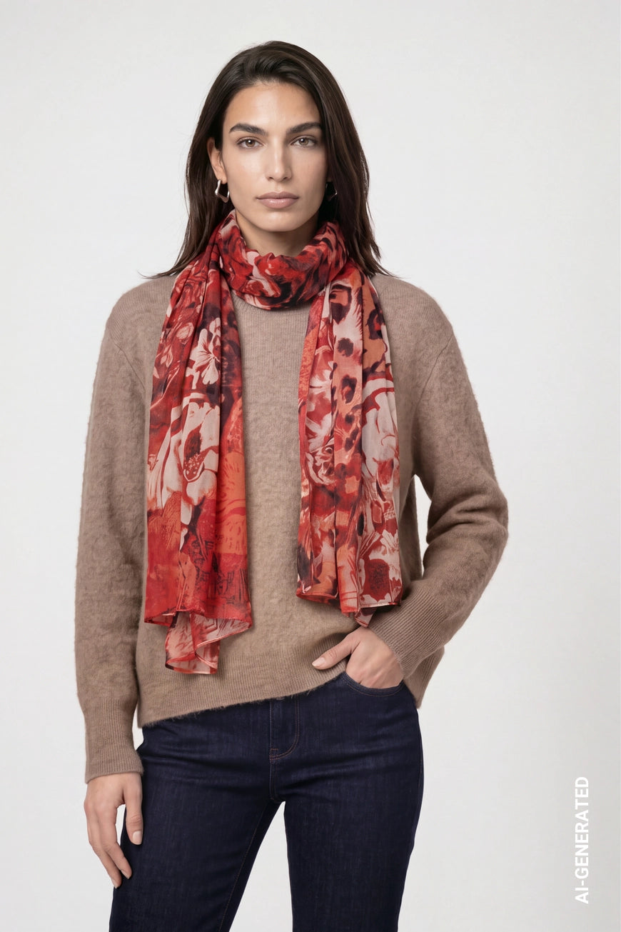 Printed scarf in autumn red