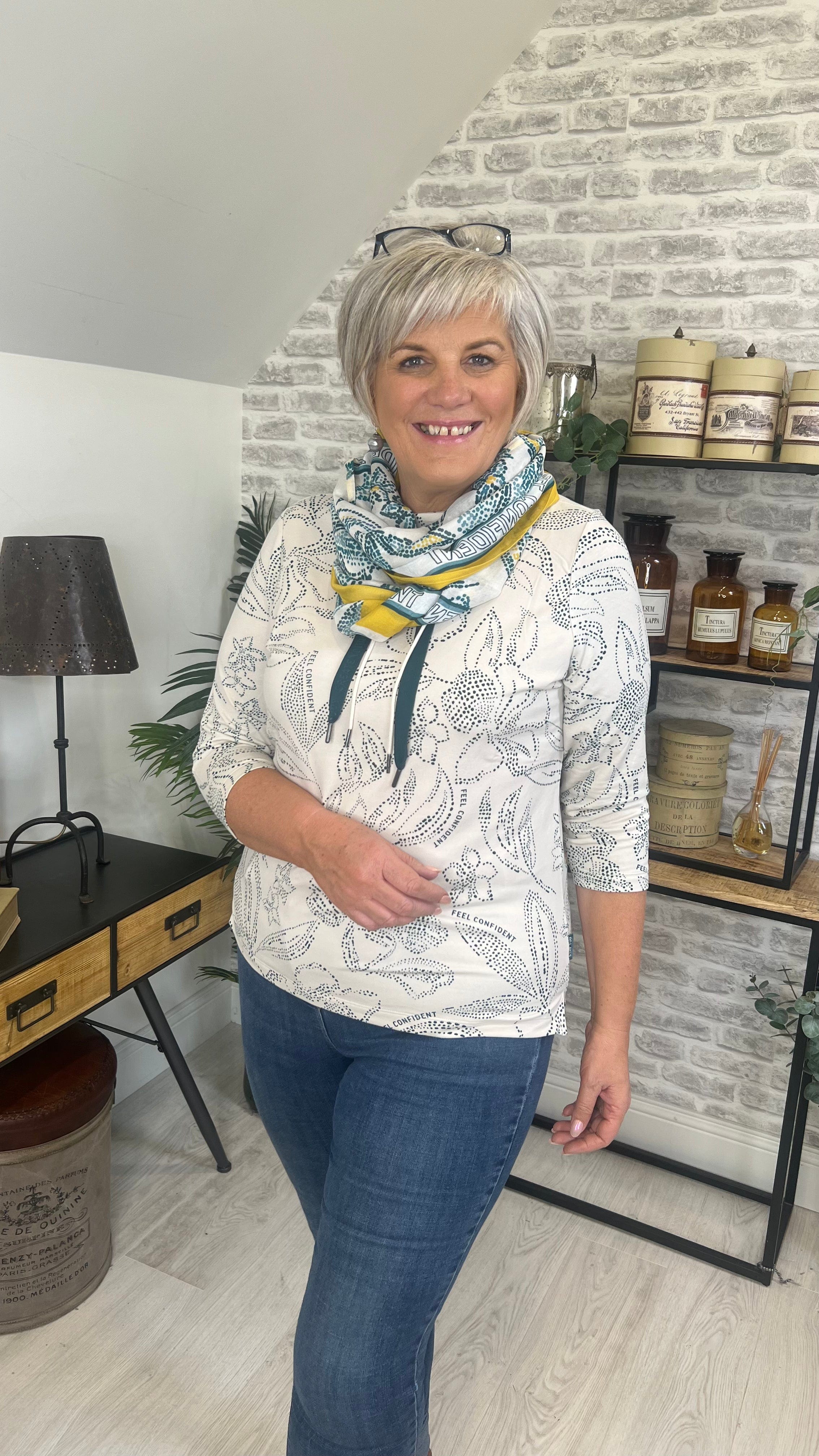 Cecil High Collar Two Tone floral top in cream