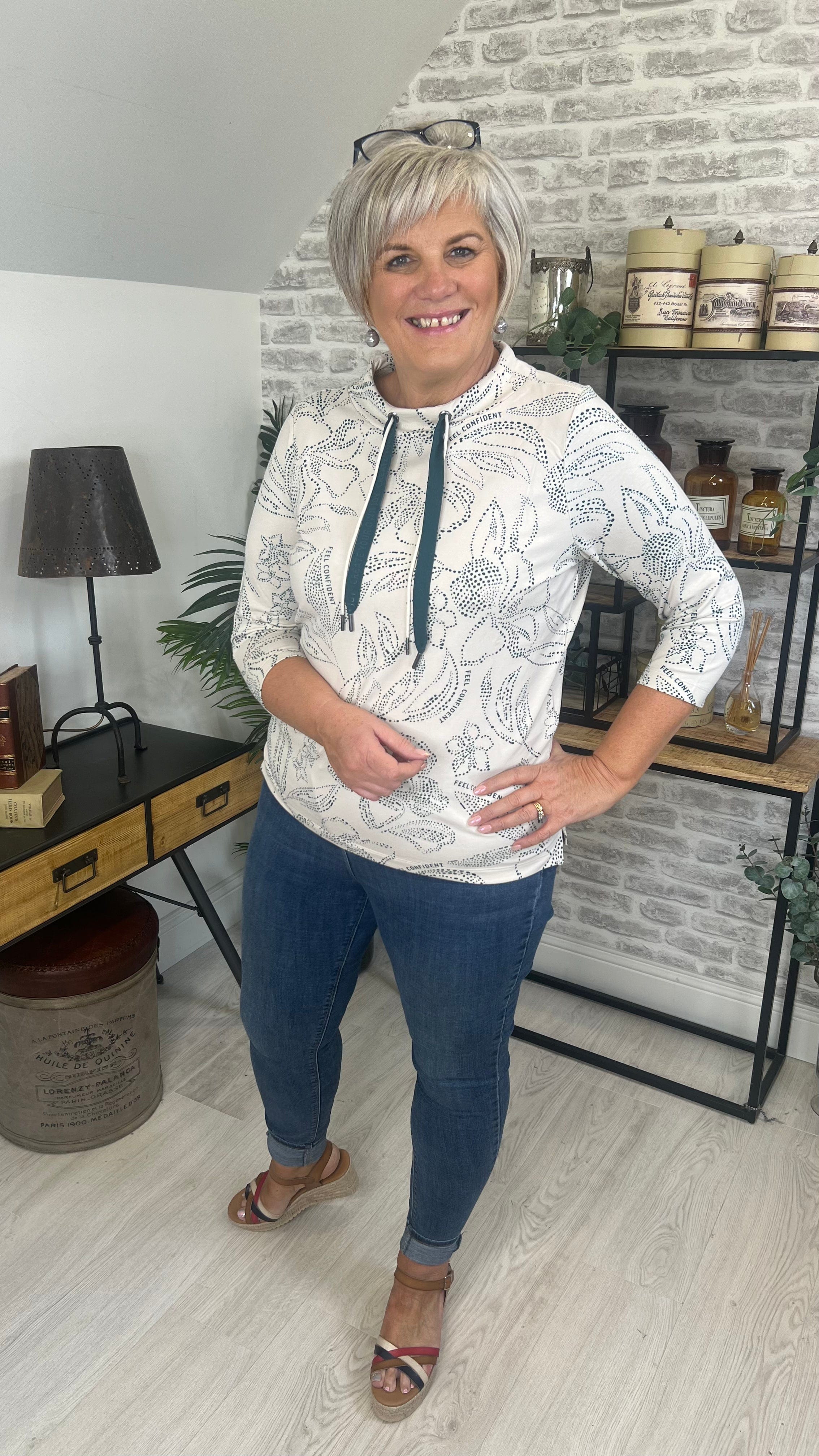 Cecil High Collar Two Tone floral top in cream
