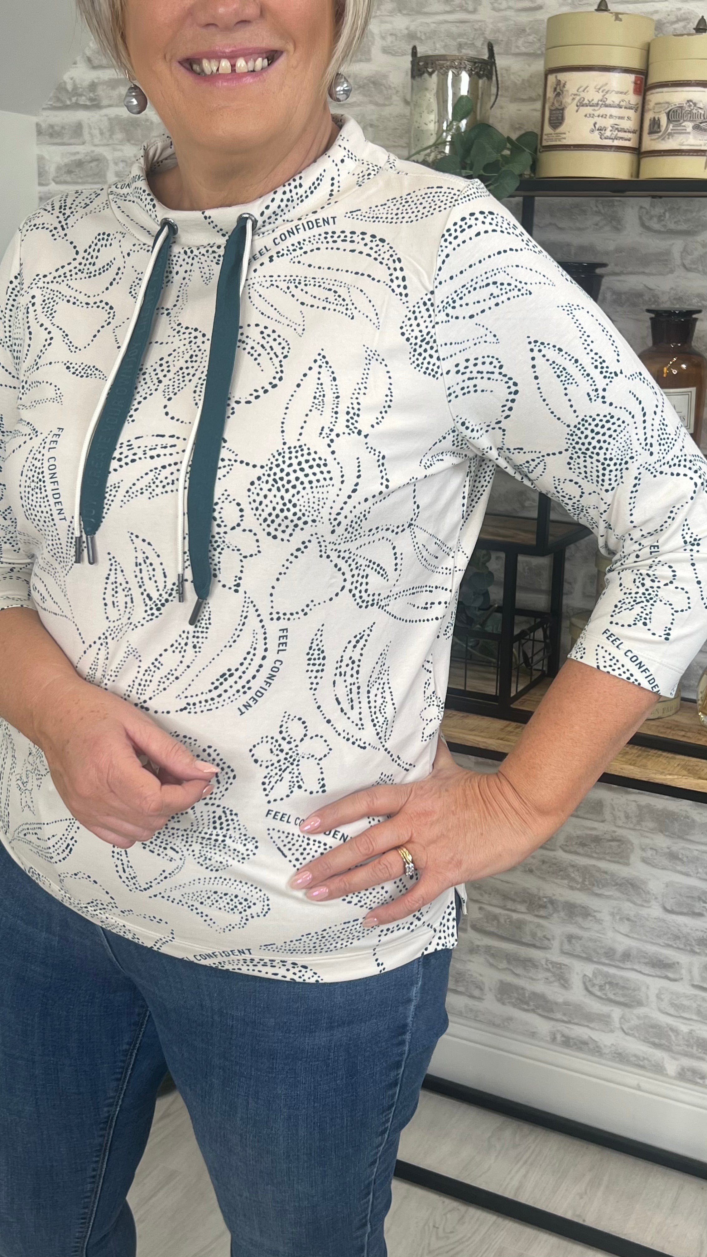Cecil High Collar Two Tone floral top in cream