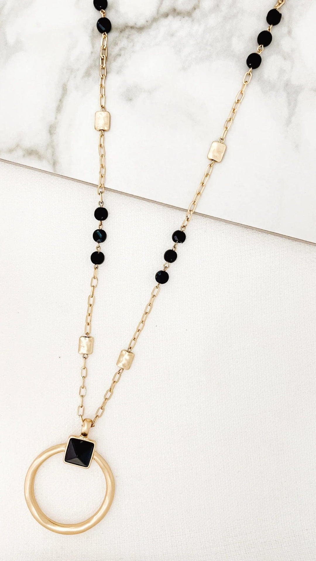 Envy Circle Pendant Long Necklace In Black & Gold - Crabtree Cottage
