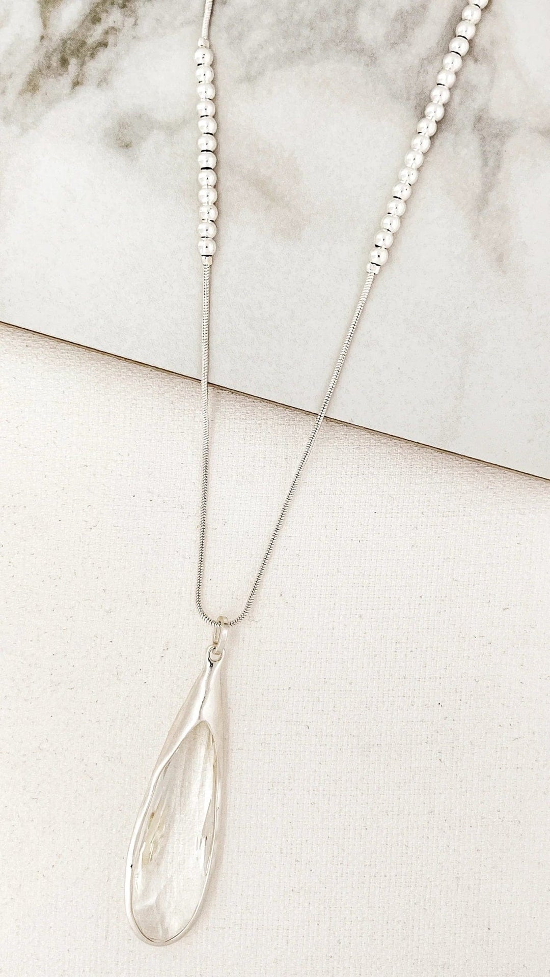Envy Drop Glass Pendant Long Necklace In Silver - Crabtree Cottage