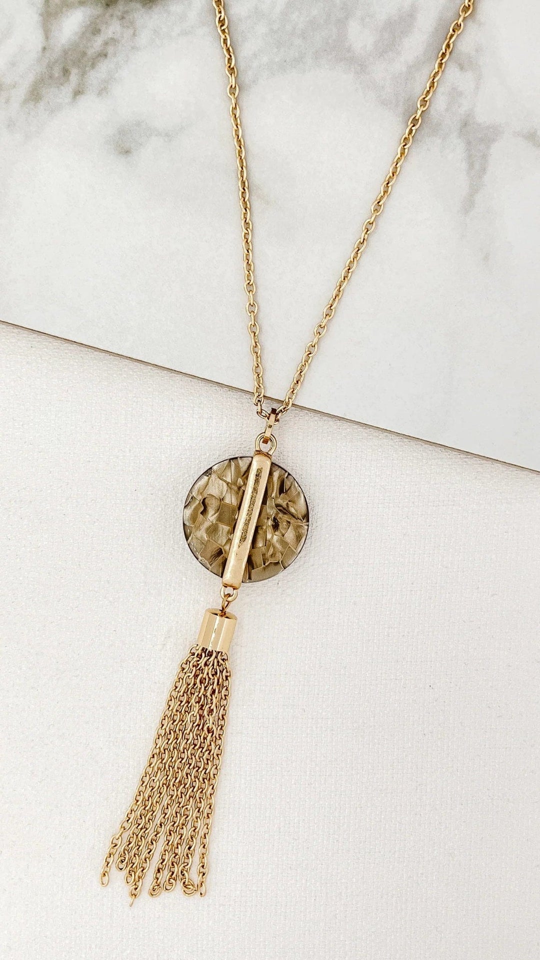 Envy Taupe Circle Pendent Necklace With Tassel In Gold - Crabtree Cottage