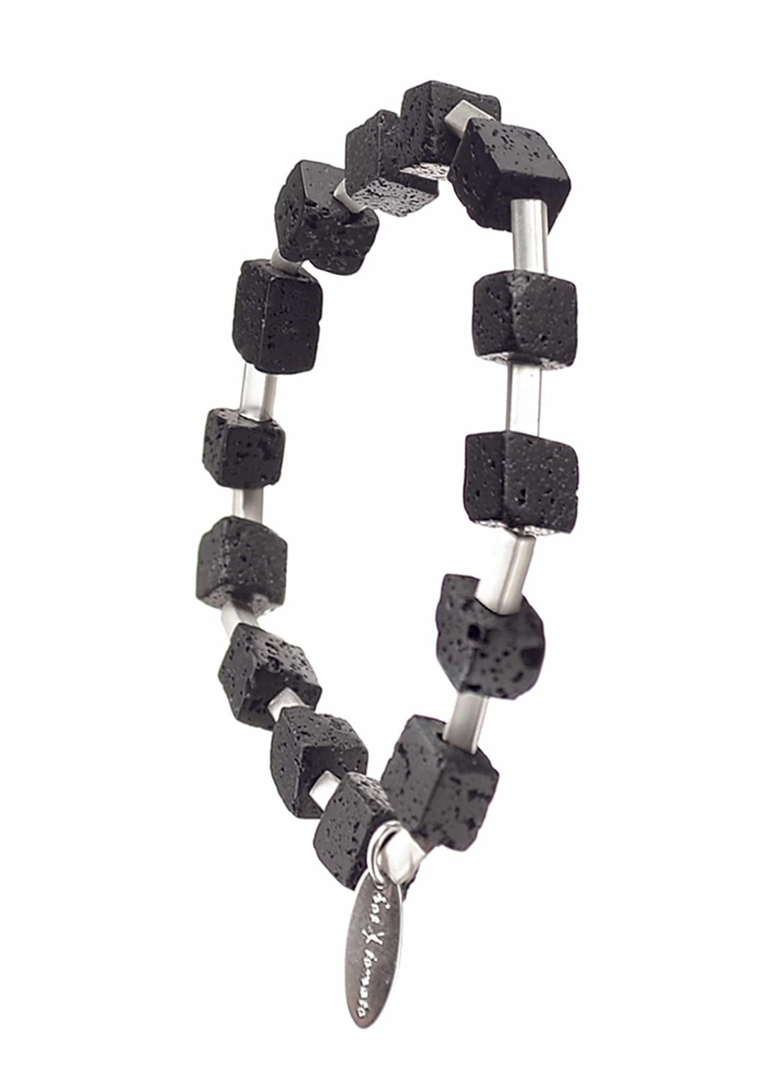 Hot Tomato Lava Stone Cubes Bracelet With Bugle Beads In Charcoal/Silver