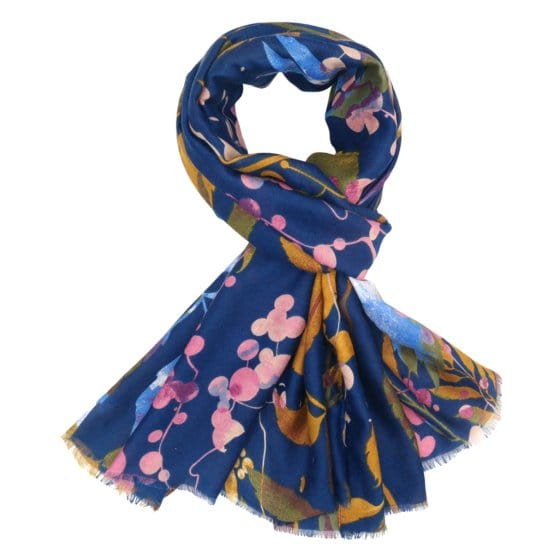 Olive Autumn Leaves Print Scarf In Navy - Crabtree Cottage