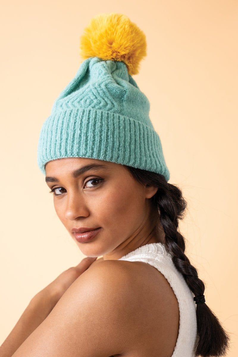 Powder Ingrid Knitted Pompom Hat In Aqua & Mustard - Crabtree Cottage