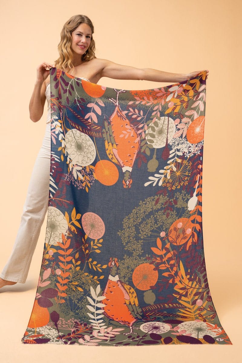 Powder Pheasant Foilage Print Scarf In Navy - Crabtree Cottage