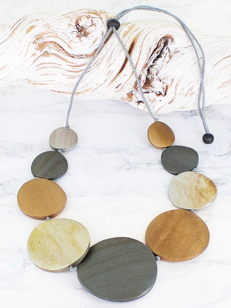 Suzie Blue Graduated Wooden Disk Necklace