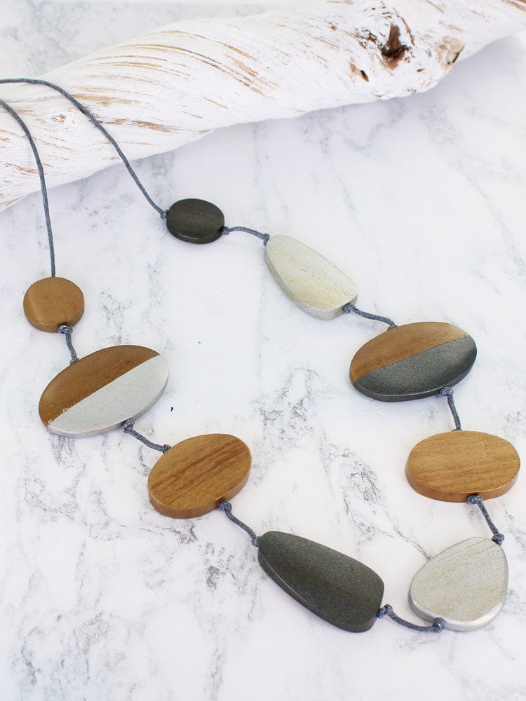 Suzie Blue Long Mixed Shape Two-tone wooden Necklace