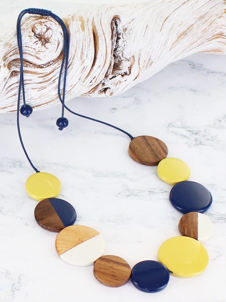 Suzie Blue Resin & Wood Disc Necklace - Crabtree Cottage
