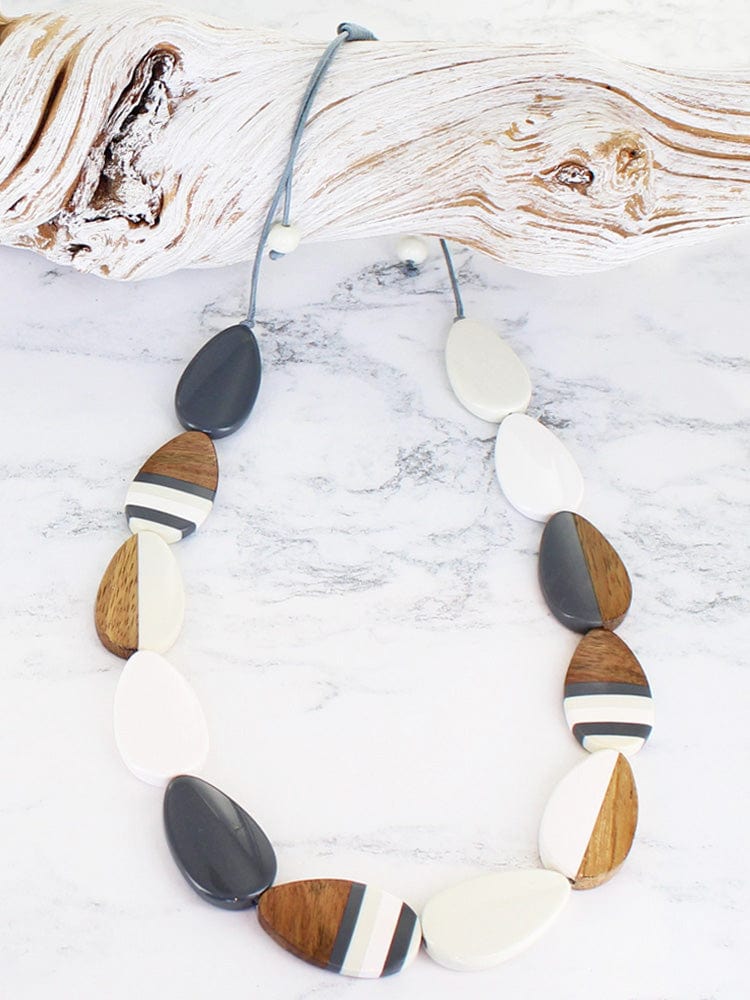 Suzie Blue Resin & Wood Oval Pebble Necklace