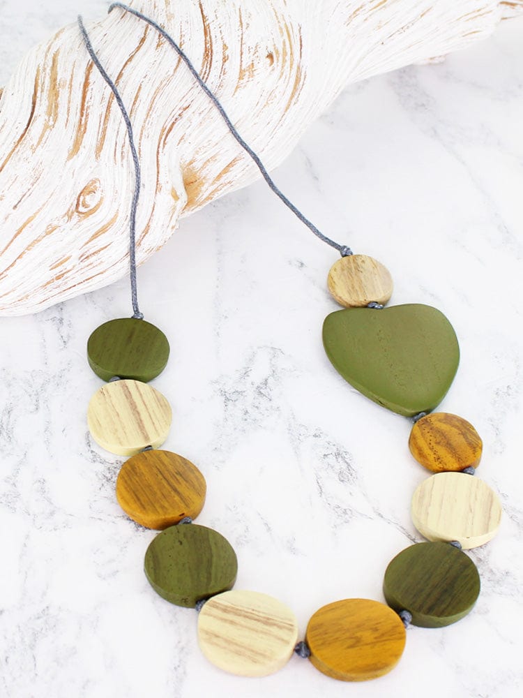 Suzie Blue Wooden Disc Necklace With Large Heart Necklace