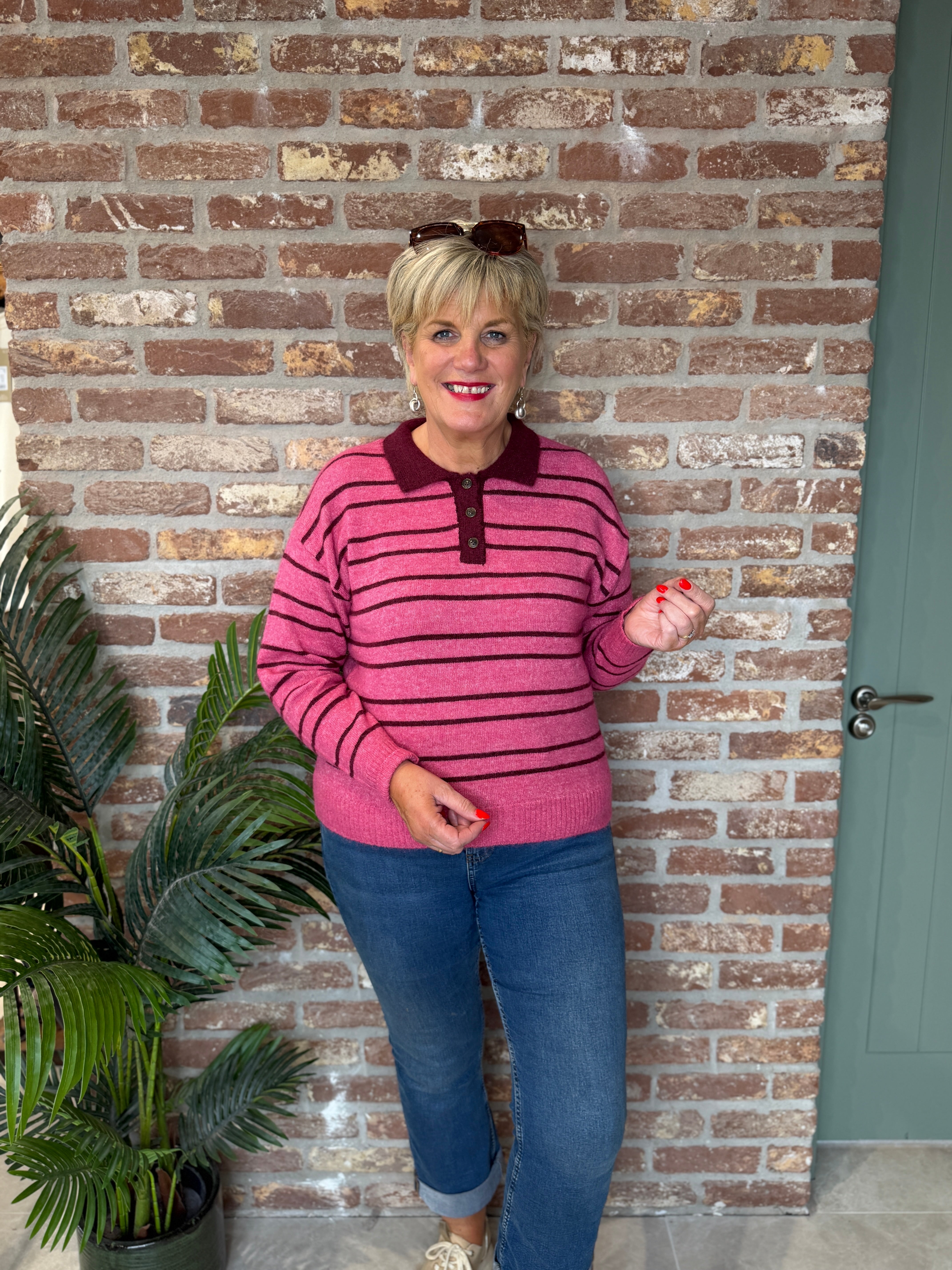 Stripe Polo pullover in burgundy & pink