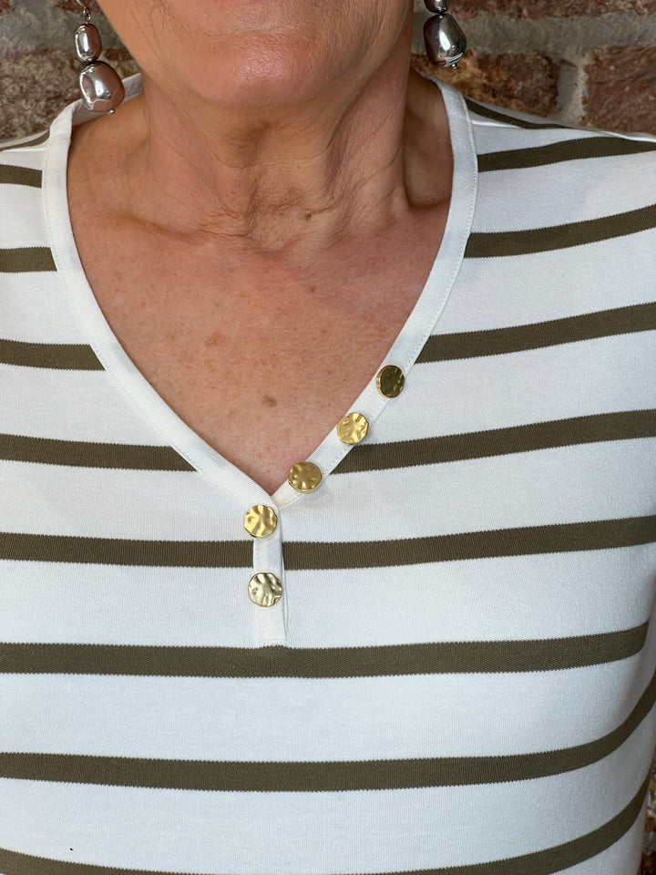 Oui Striped T-shirt In White & Khaki