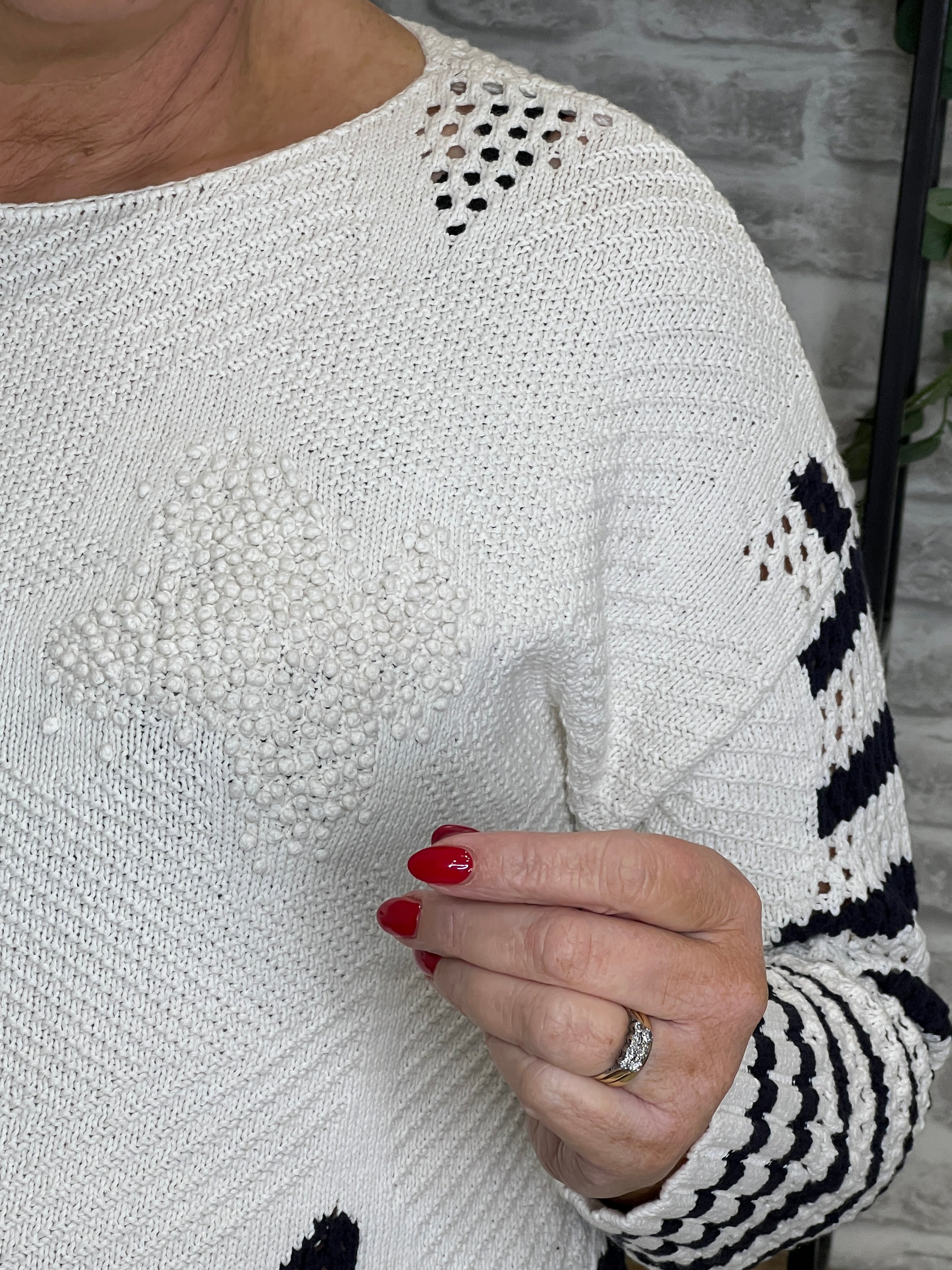 Oui Textured Patterned Jumper In Navy & White