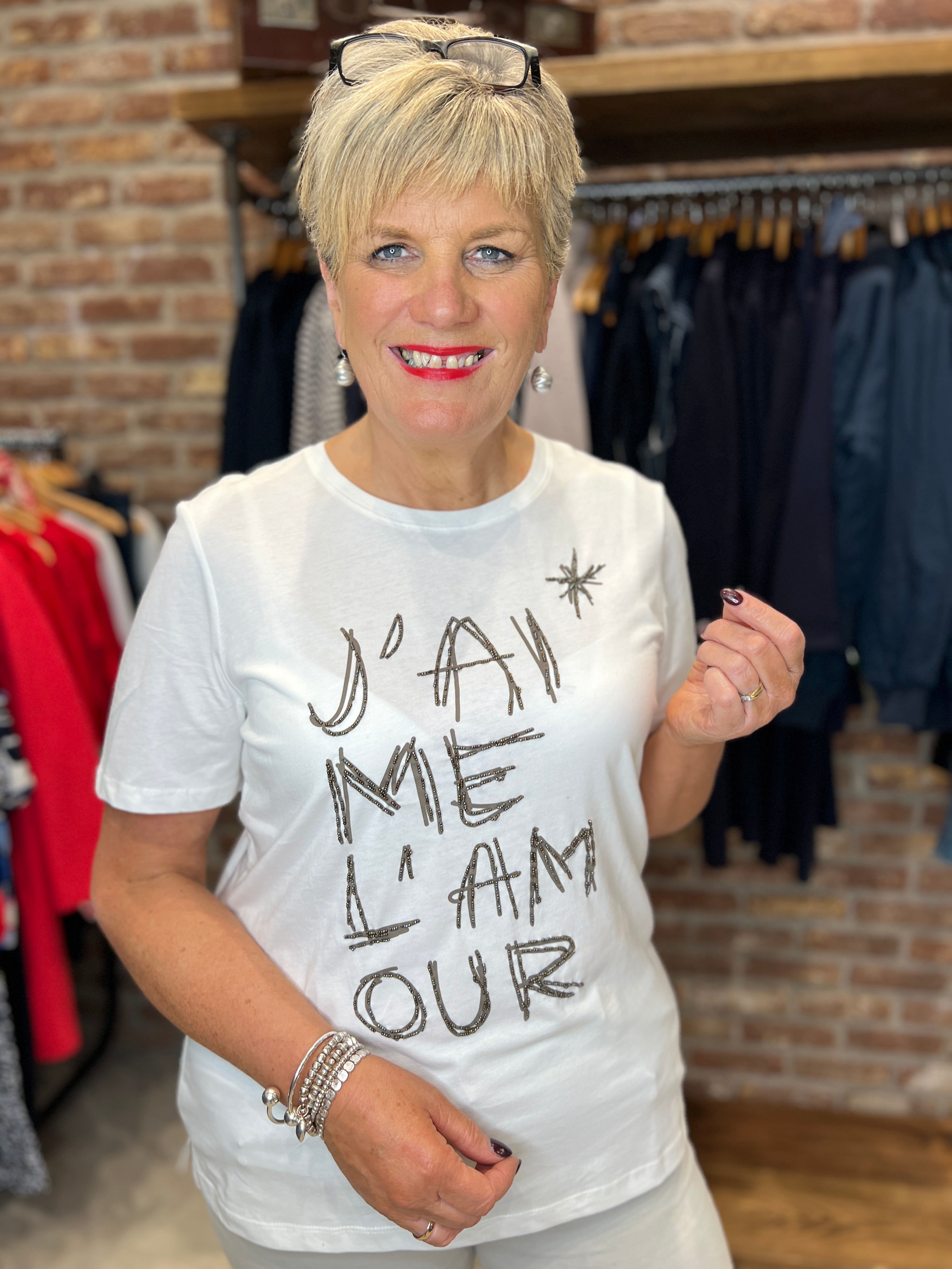 Oui Sequins & Bead T-shirt In White & Brown