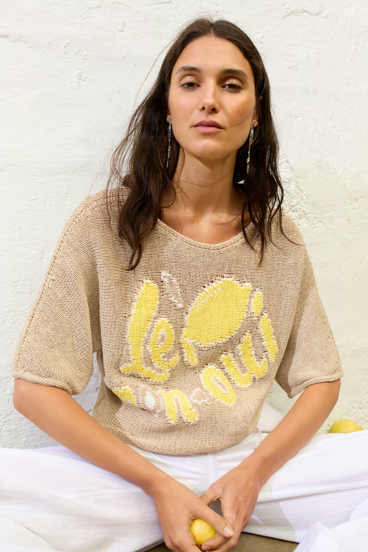 Oui lemon motif pullover In light lemon & camel