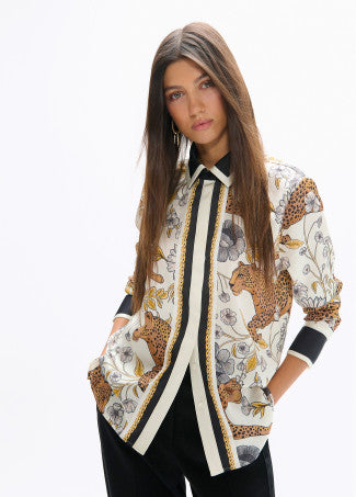 Leopard & border print shirt in multicolour