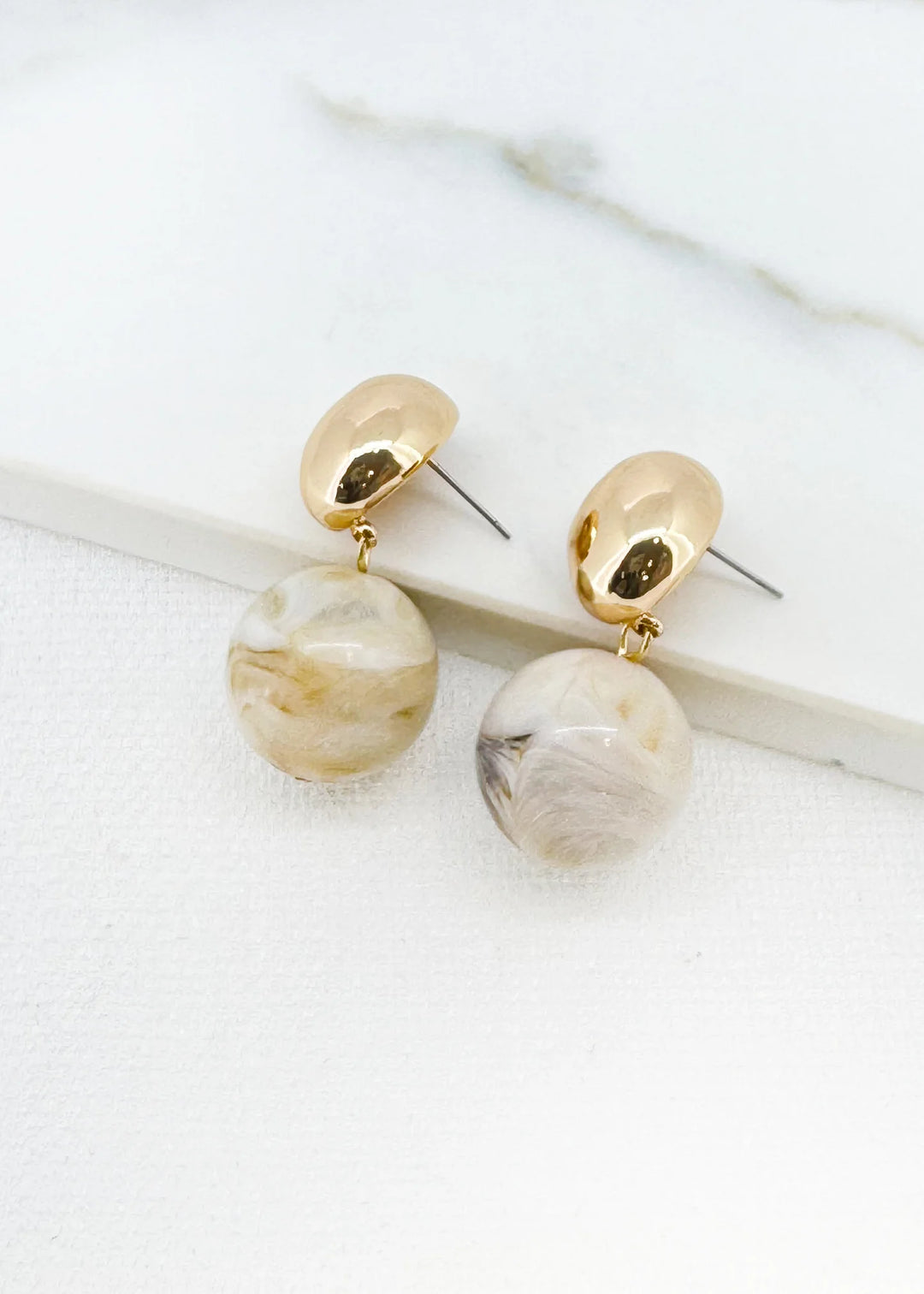 Envy Marble Stud Ball Earrings In Taupe & gold