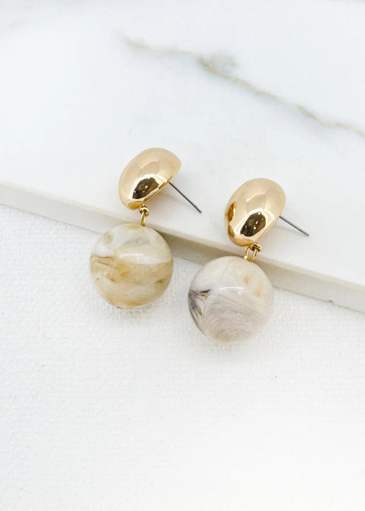 Envy Marble Stud Ball Earrings In Taupe & gold