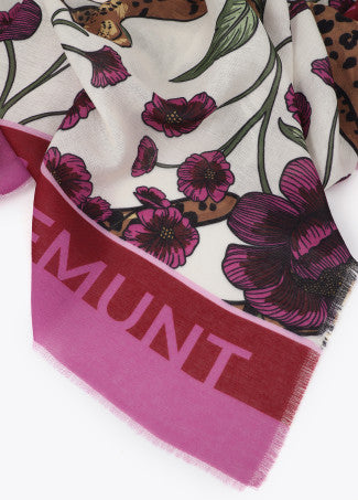 Tigers & flowers scarf in pink/ecru multi