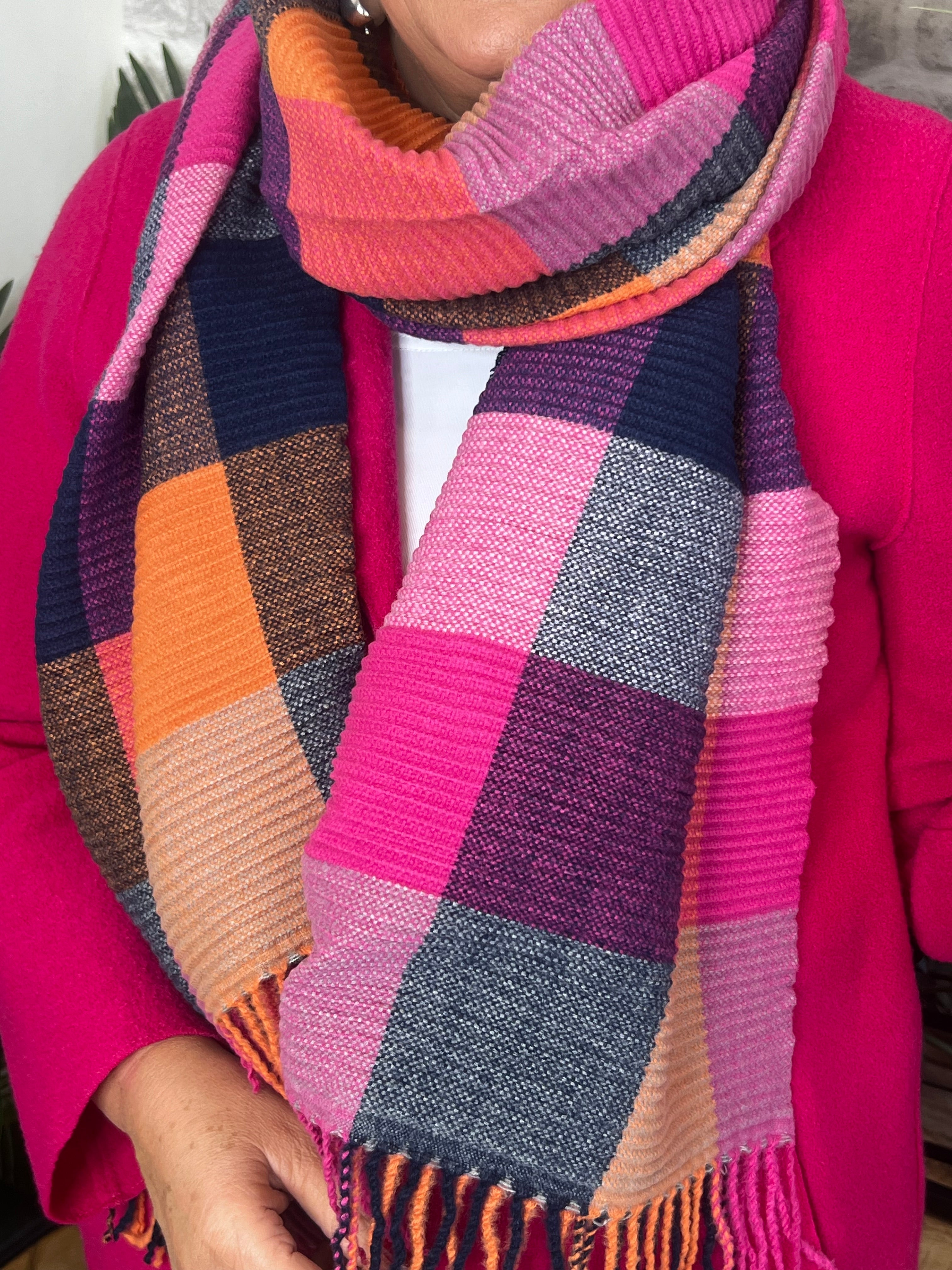 Elsa Checked Ribbed Scarf In Fuchsia Multi