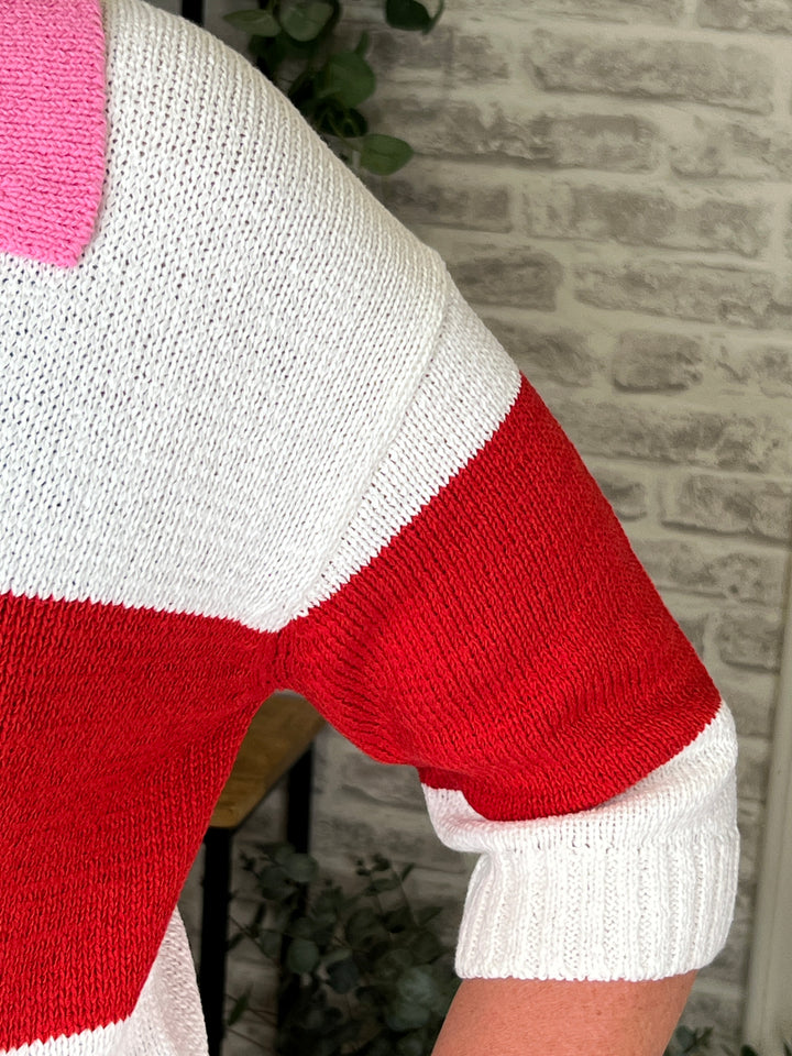 Oui Striped Pullover With Collar In Red & White
