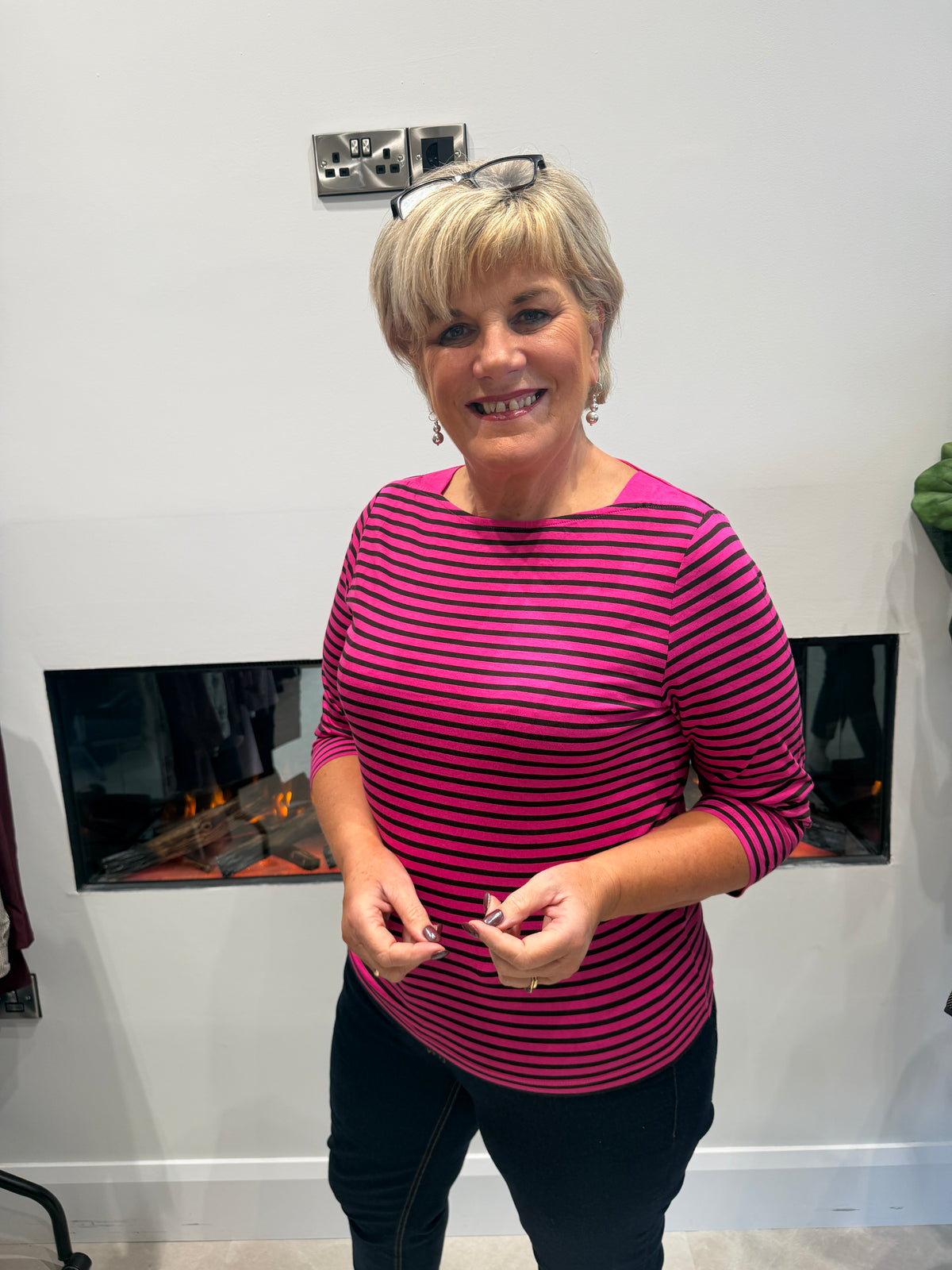 Striped boat neck top in pink & brown