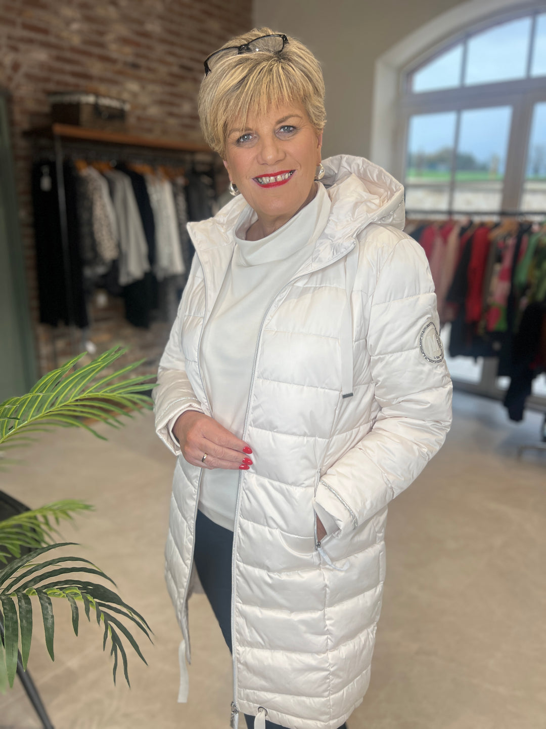 Monari Quilted Coat With Rhinestones In Almond