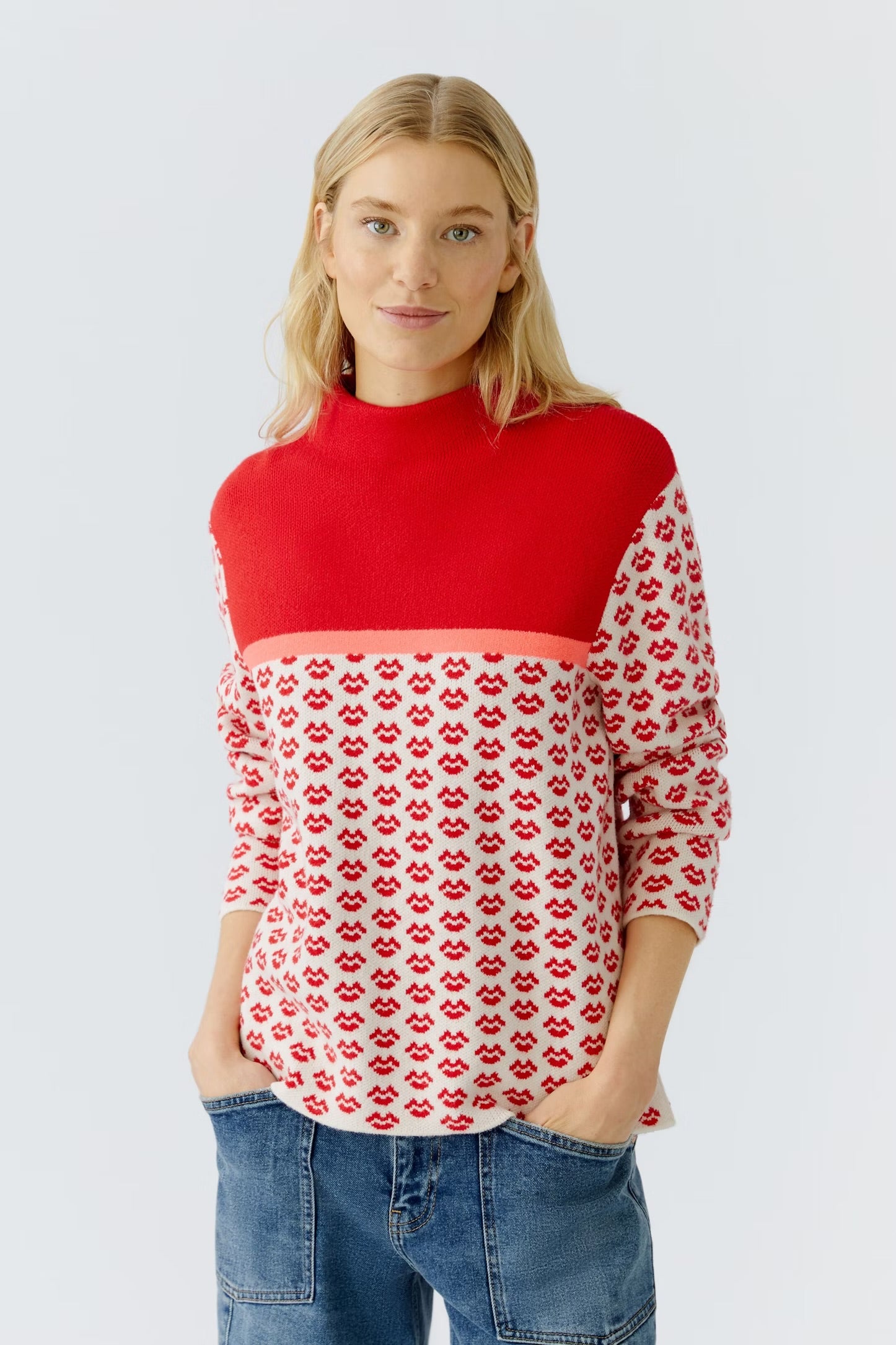 Oui Pullover With Jacquard Motif In White & Red