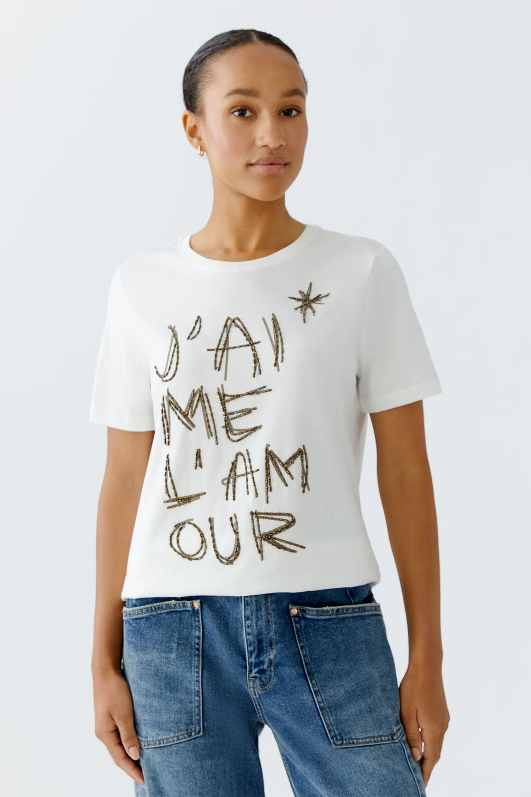 Oui Sequins & Bead T-shirt In White & Brown