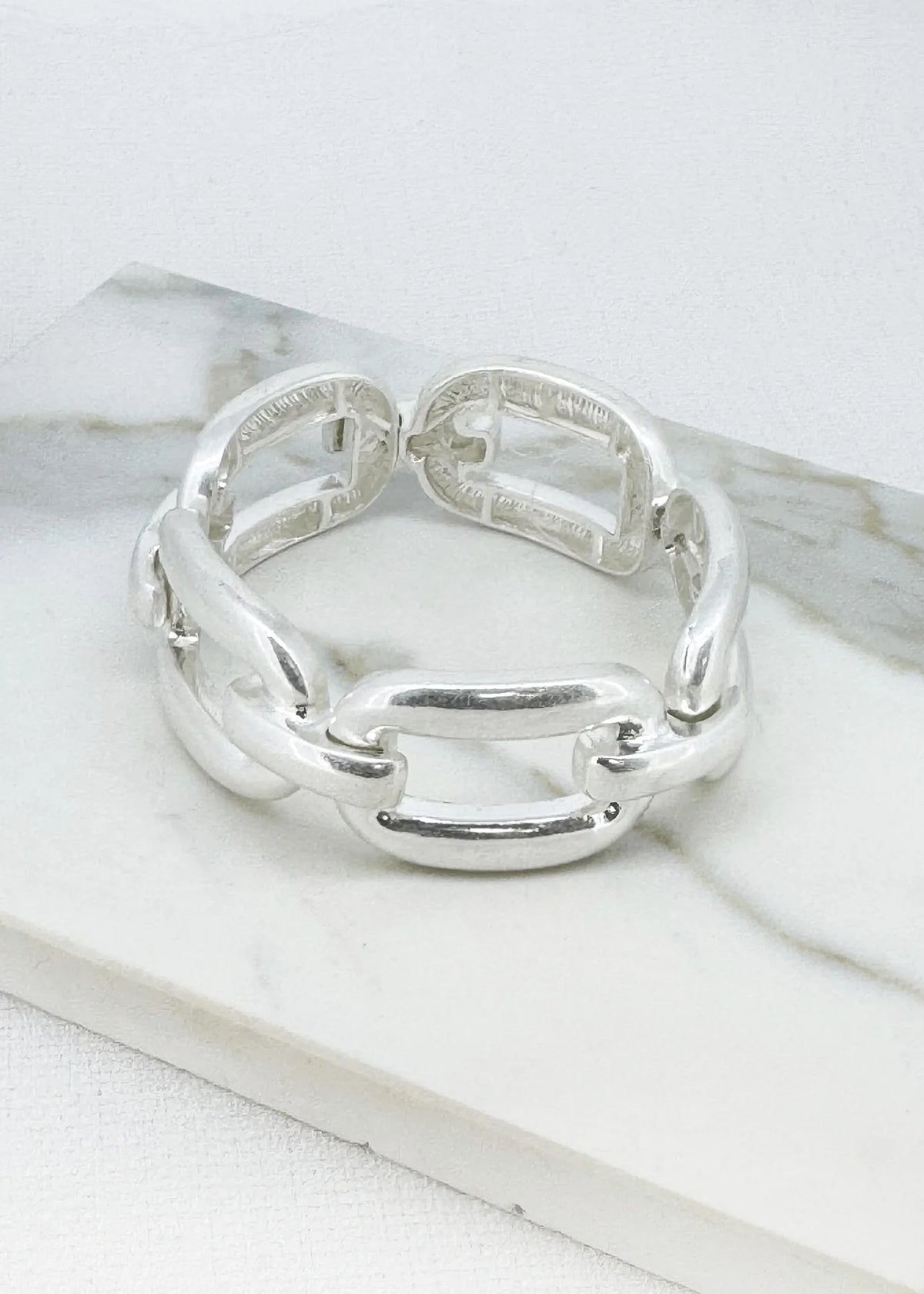 Worn silver large link stretch bracelet