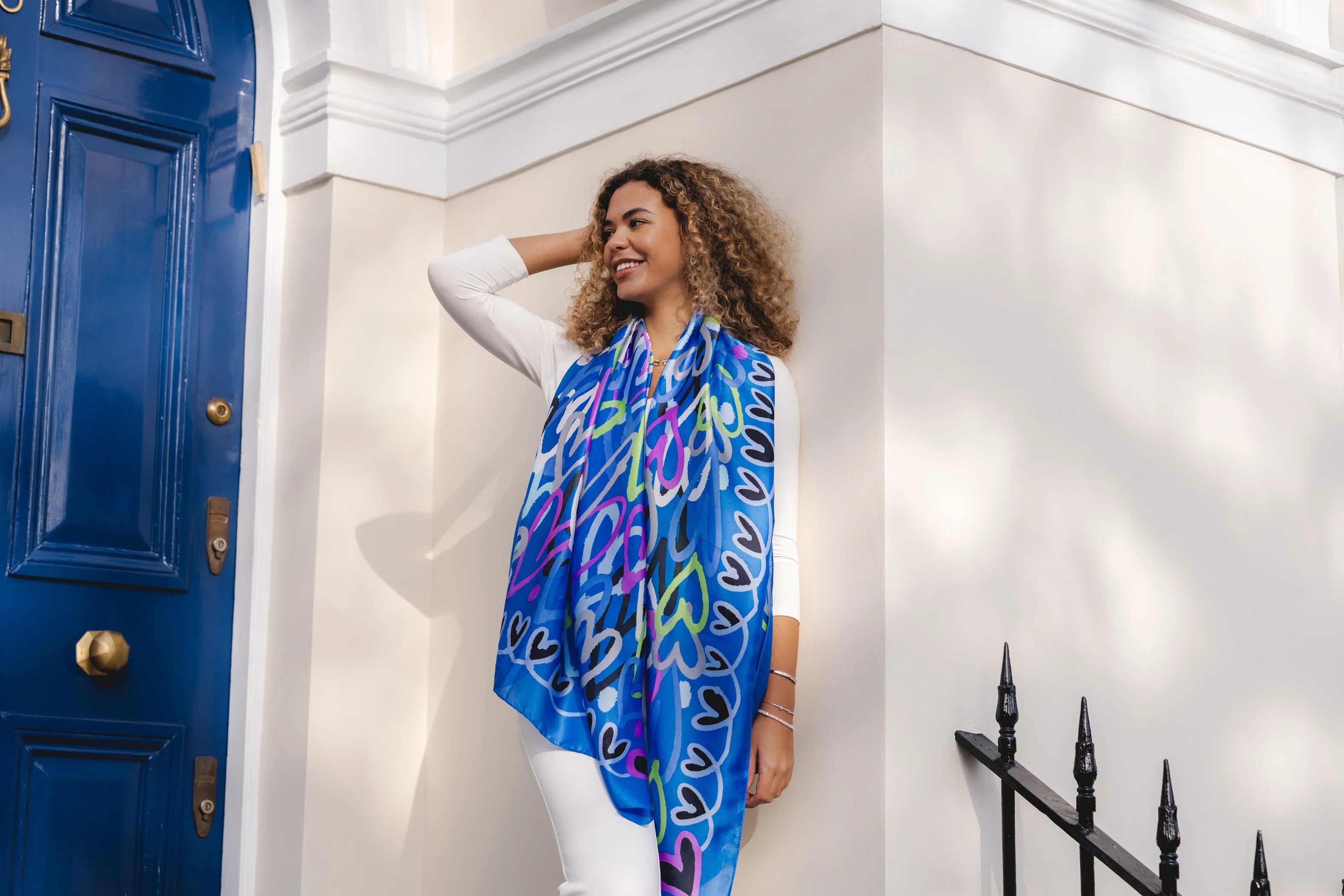 Pipa Heart Silk Scarf In Blue Multi