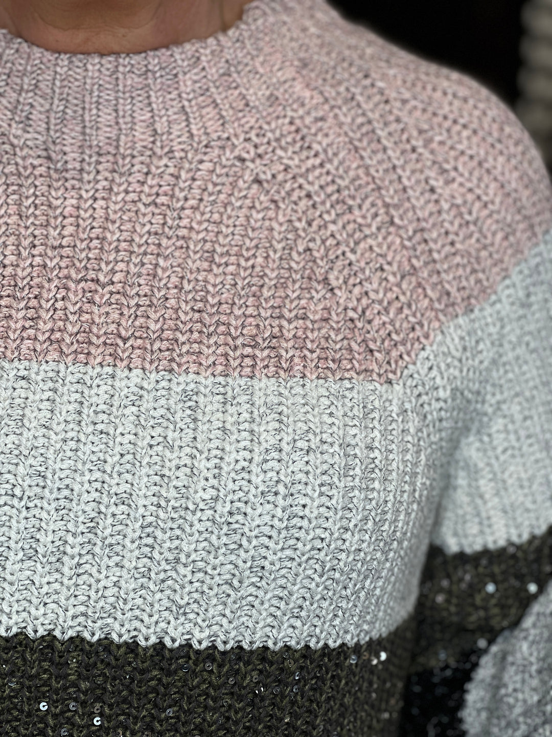 Oui Block Striped Pullover In Khaki Rose