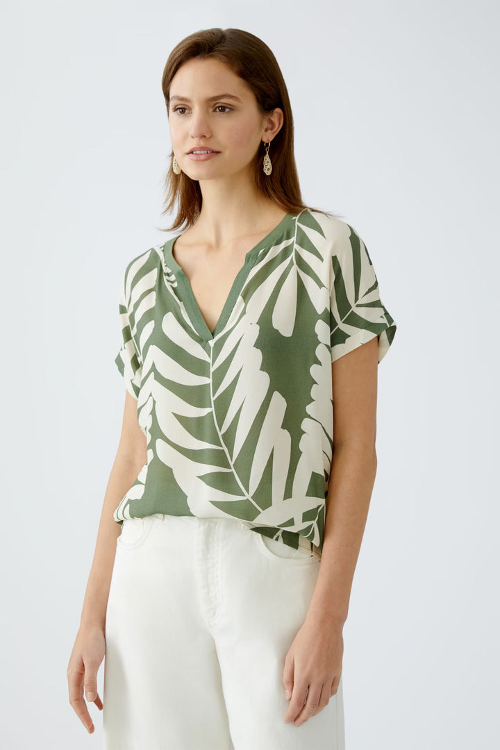 Oui Floral Blouse In Khaki & Stone