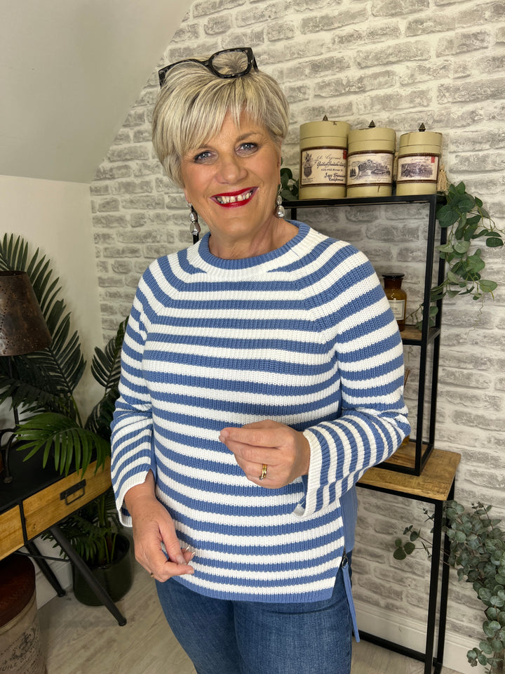 Oui Ruby Ribbed Jumper In Light Blue & White