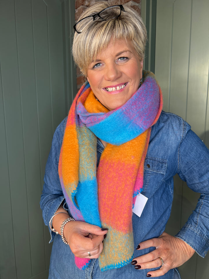 Sophie Tartan Angled Scarf In Blue Multi