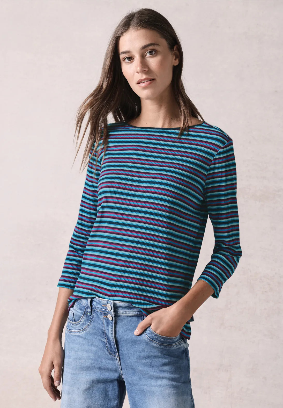 Cecil Striped Ribbed Top In Oil Blue