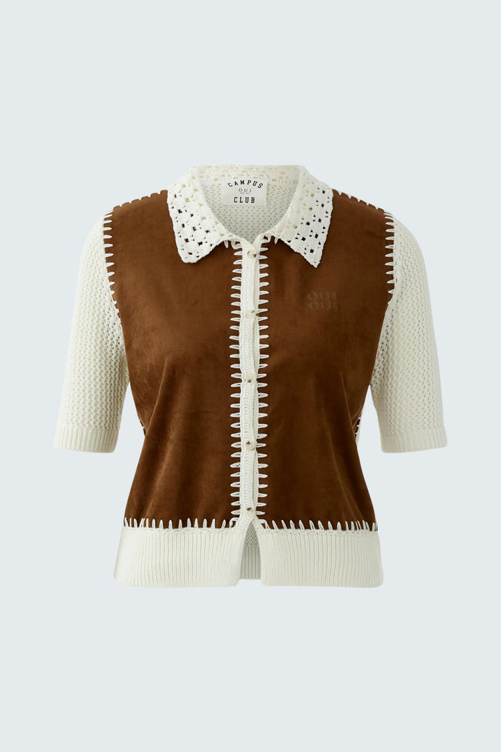 Oui Knit Jacket In White & Brown
