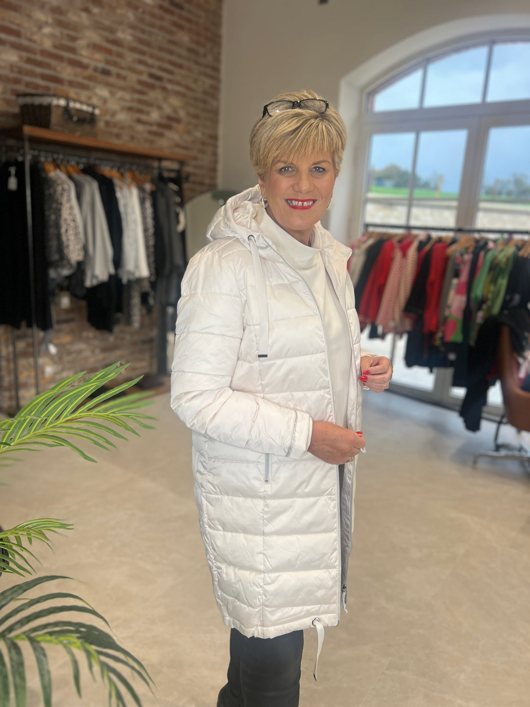 Monari Quilted Coat With Rhinestones In Almond