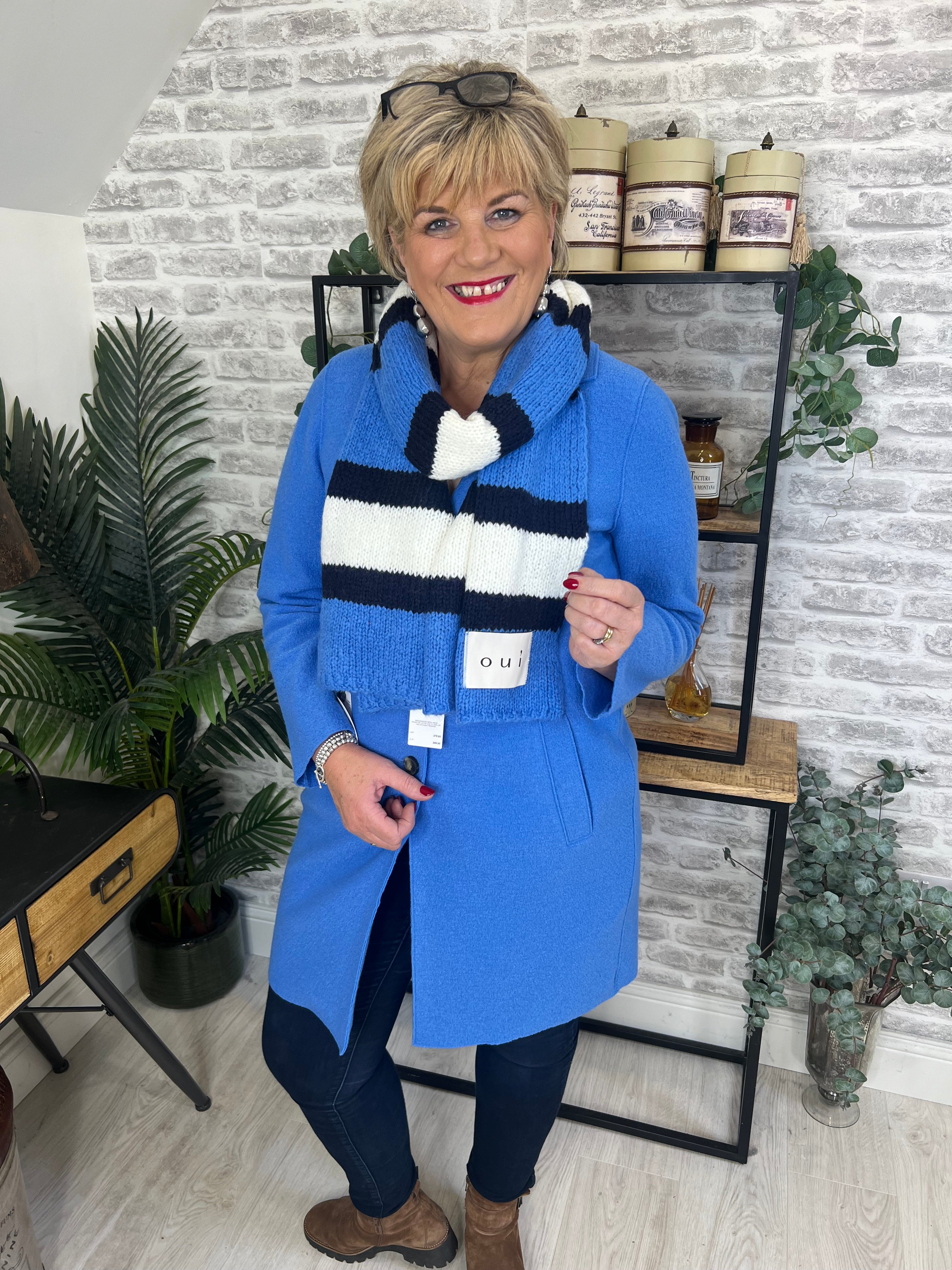 Oui Mayson Boiled Wool Coat In Cornflower Blue