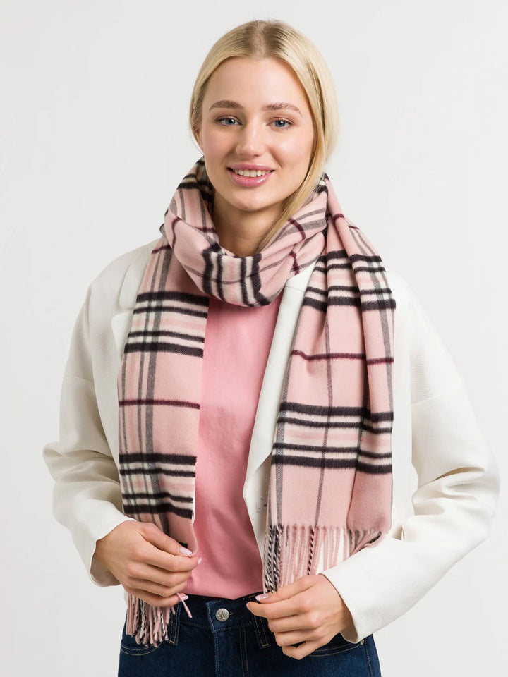 Cashmink Plaid Patterned Scarf In Rose