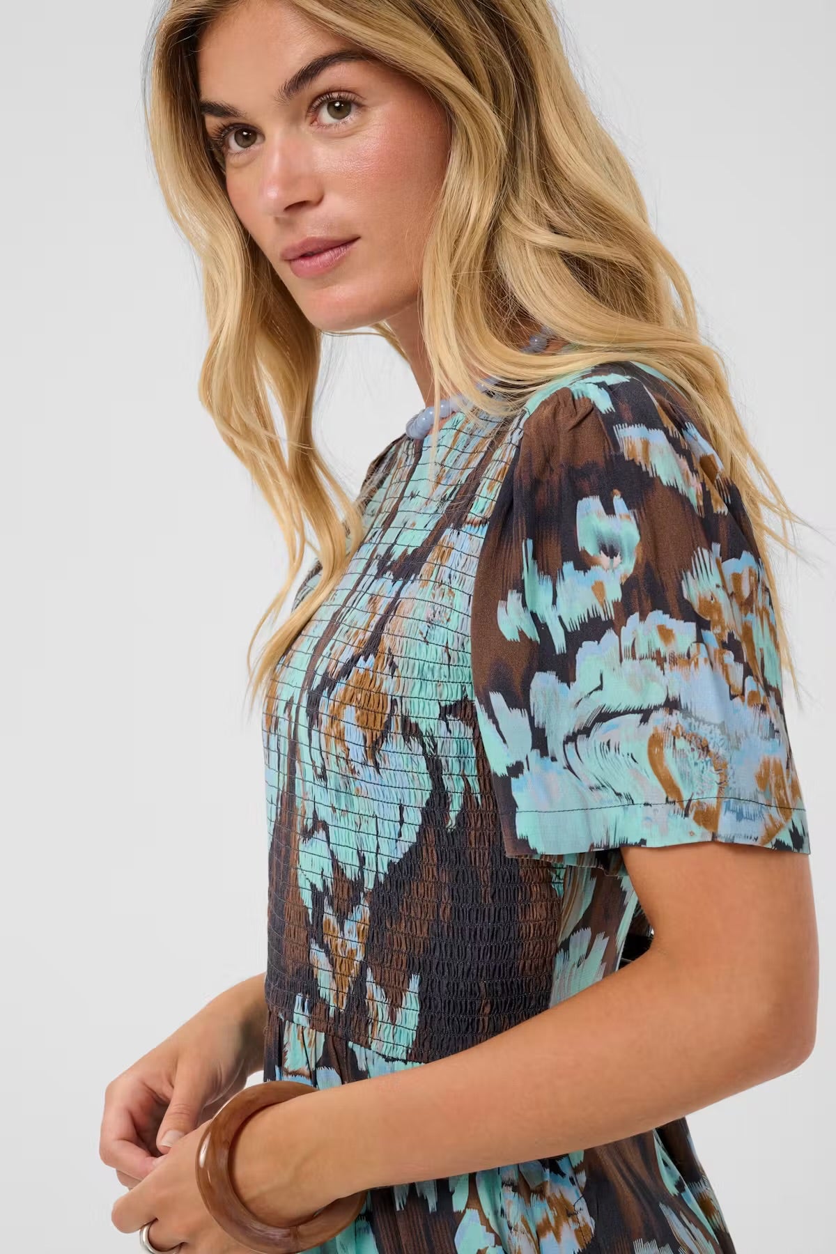 Floral patterned dress in brown & blue multi