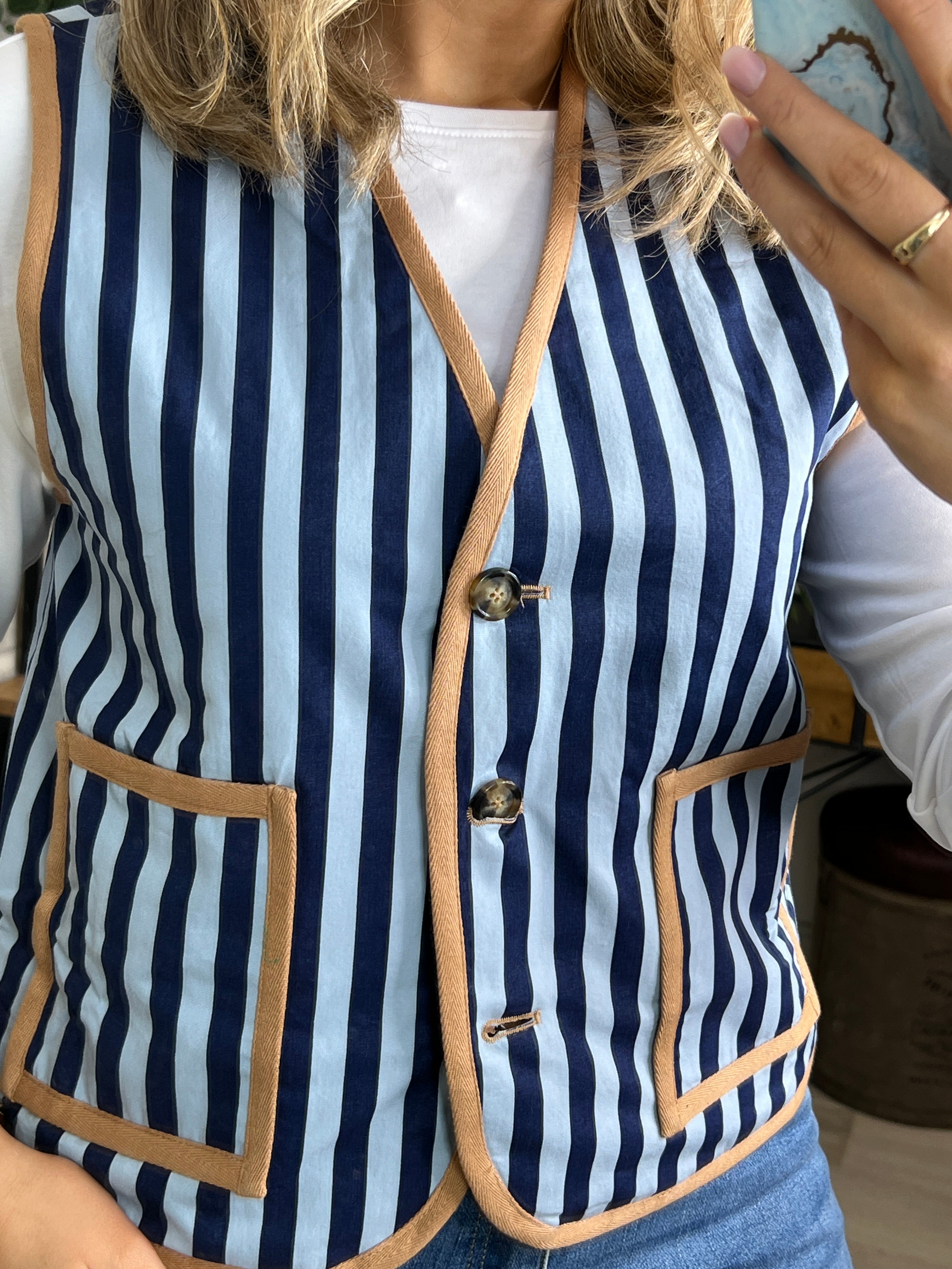 FRNCH Camila Striped Reversible Gilet In Blue Multi